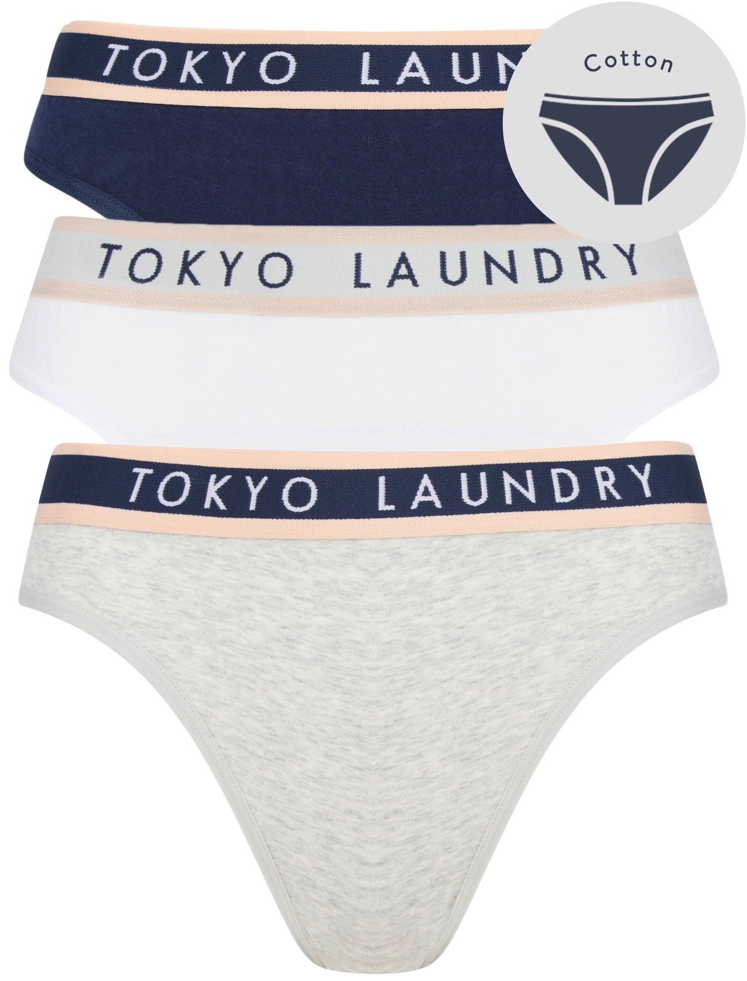 Womens Underwear Dolly (3 Pack) Cotton Assorted Briefs in Light Grey Marl / Bright White / Dress Blue - Tokyo Laundry / L - Tokyo Laundry