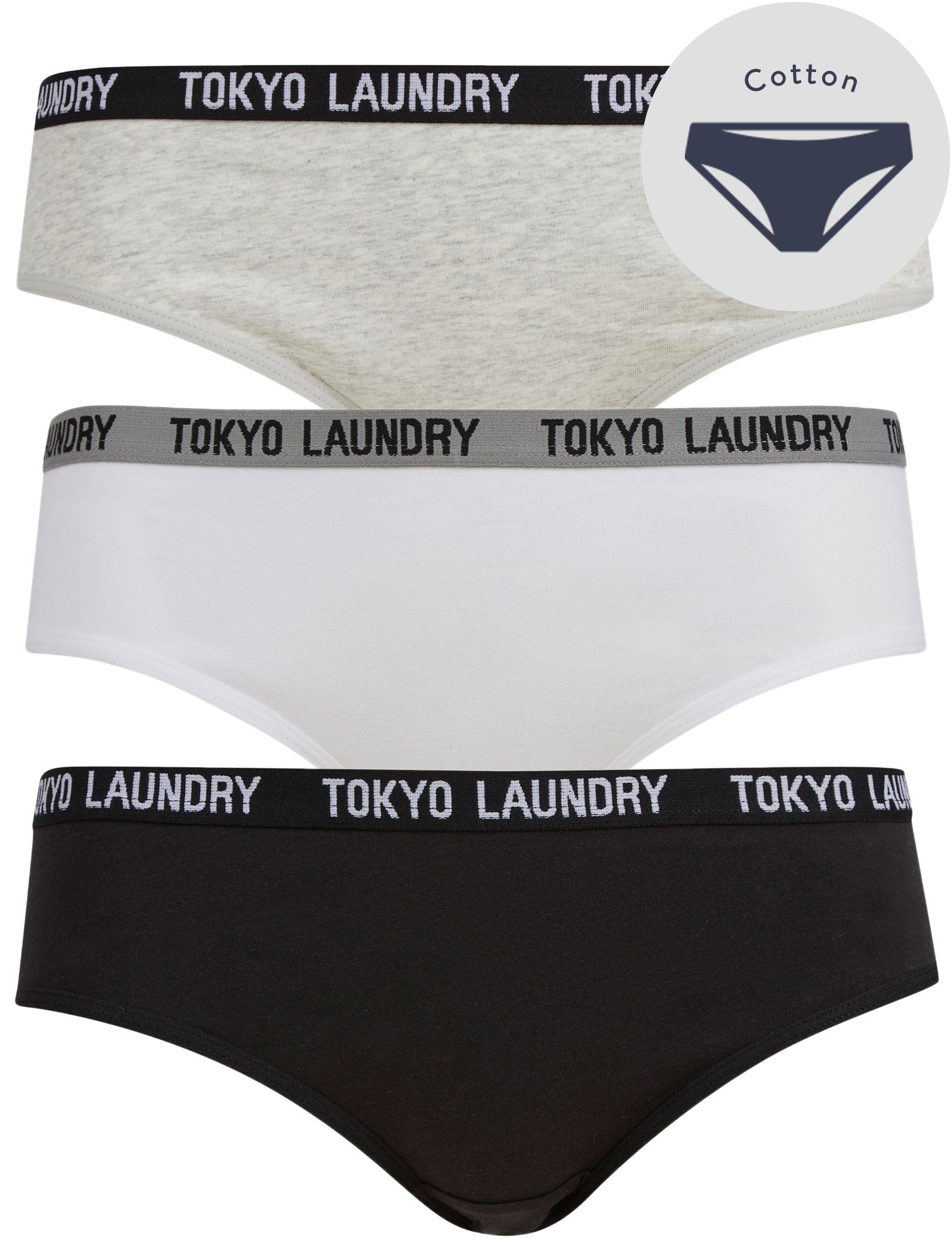 Womens Underwear Ada (3 Pack) Cotton Assorted Briefs in Light Grey Marl / Bright White / Jet Black - Tokyo Laundry / L - Tokyo Laundry