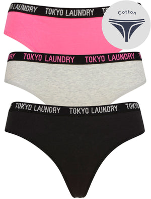 Fifi (3 Pack) Assorted Cotton Thongs in Azalea Pink / Light Grey Marl / Jet Black - Tokyo Laundry