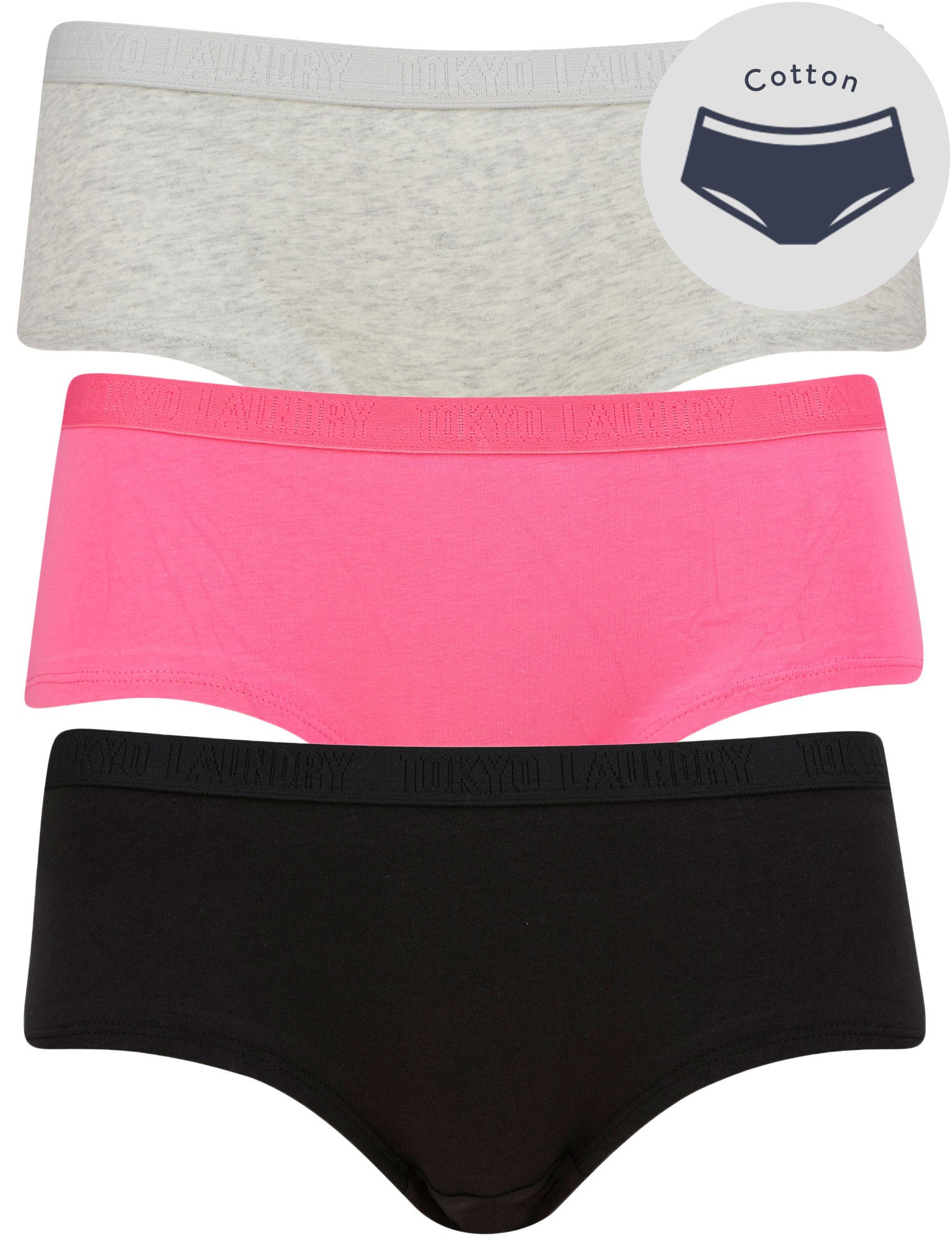 Womens Underwear Betty (3 Pack) Assorted Hipster Briefs in Light Grey Marl / Jet Black / Azalea Pink - Tokyo Laundry / L - Tokyo Laundry