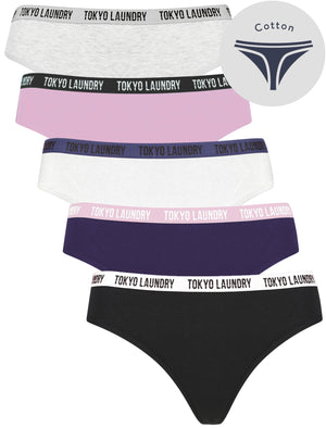 Ivy (5 Pack) Cotton Assorted Thongs in Light Grey Marl / Winsome Orchid / Bright White / Blue Ribbon / Jet Black - triatloandratx