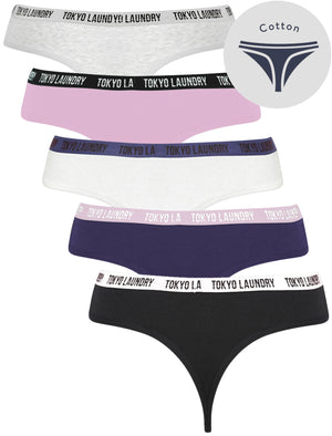 Ivy (5 Pack) Cotton Assorted Thongs in Light Grey Marl / Winsome Orchid / Bright White / Blue Ribbon / Jet Black - triatloandratx