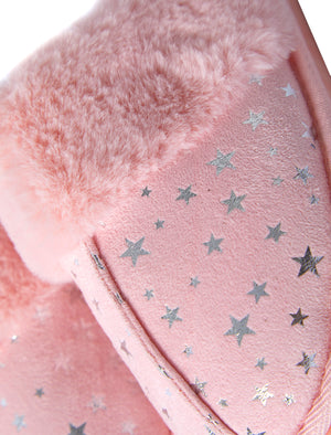 Gravity Foil Star Print Faux Suede Mule Slippers with Faux Fur Lining & Trim in Light Pink - triatloandratx