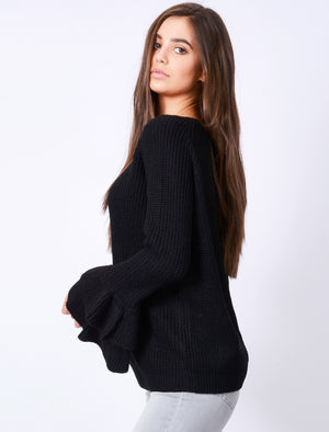 TL Ocean Jumper with Frill Sleeves in Black - triatloandratx