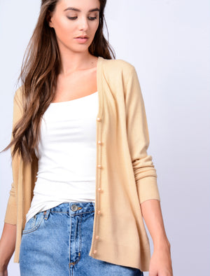 Monet V Neck Button Up Cardigan in Warm Sand - Plum Tree