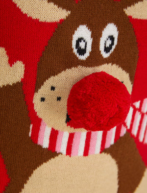 Girl's Waving Reindeer Pom Pom Nose Novelty Christmas Jumper in Tokyo Red - Merry Christmas Kids (4-12yrs)