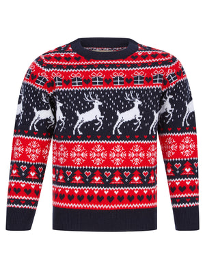 Girl's Snow Reindeer Nordic Fairisle Novelty Christmas Jumper in Ink - Merry Christmas Kids (4-12yrs)