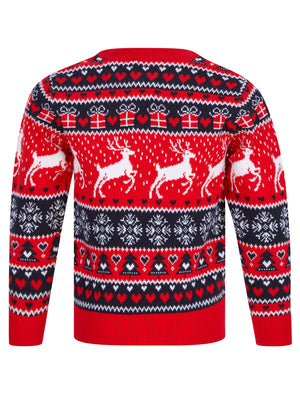 Girl's Snow Reindeer Nordic Fairisle Novelty Christmas Jumper in Tokyo Red - Merry Christmas Kids (4-12yrs)