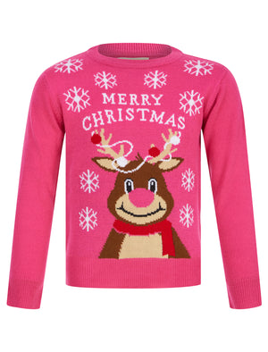 Girl's Reindeer Merry Novelty Christmas Jumper in Fuchsia Purple - Merry Christmas Kids (4-12yrs)