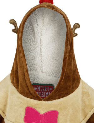 Kids Reindeer Novelty Soft Fleece Borg Lined Oversized Hooded Blanket with Pocket in Brown  - Merry Christmas Kids (4-12yrs)