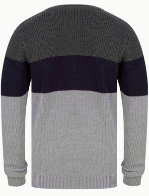 Levy Tri-Colour Block Crew Neck Soft Knitted Jumper in Dark Grey Marl - Kensington Eastside