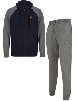 Replex 2pc Hoody & Jogger Brushback Fleece Tracksuit Co-ord Set in Sky Captain Navy / Mid Grey Marl - Kensington Eastside