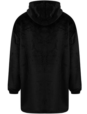 Adult Snuggle Soft Fleece Borg Lined Oversized Hooded Blanket with Pocket in Jet Black  - triatloandratx