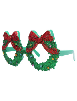 Wreath with Bow and 3D Baubles Novelty Christmas Glasses in Green Glitter - Merry Christmas