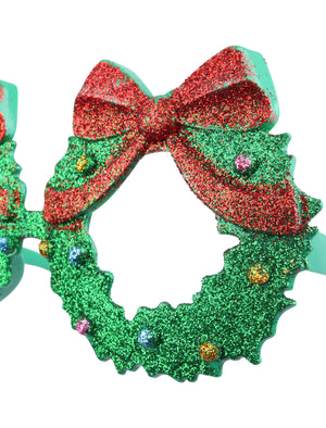 Wreath with Bow and 3D Baubles Novelty Christmas Glasses in Green Glitter - Merry Christmas