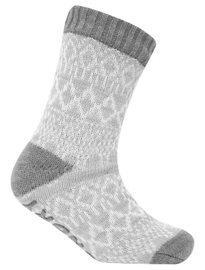 Atlantia Jacquard Fairisle Print Borg Lined Chunky Knit Slipper Socks in Grey - triatloandratx