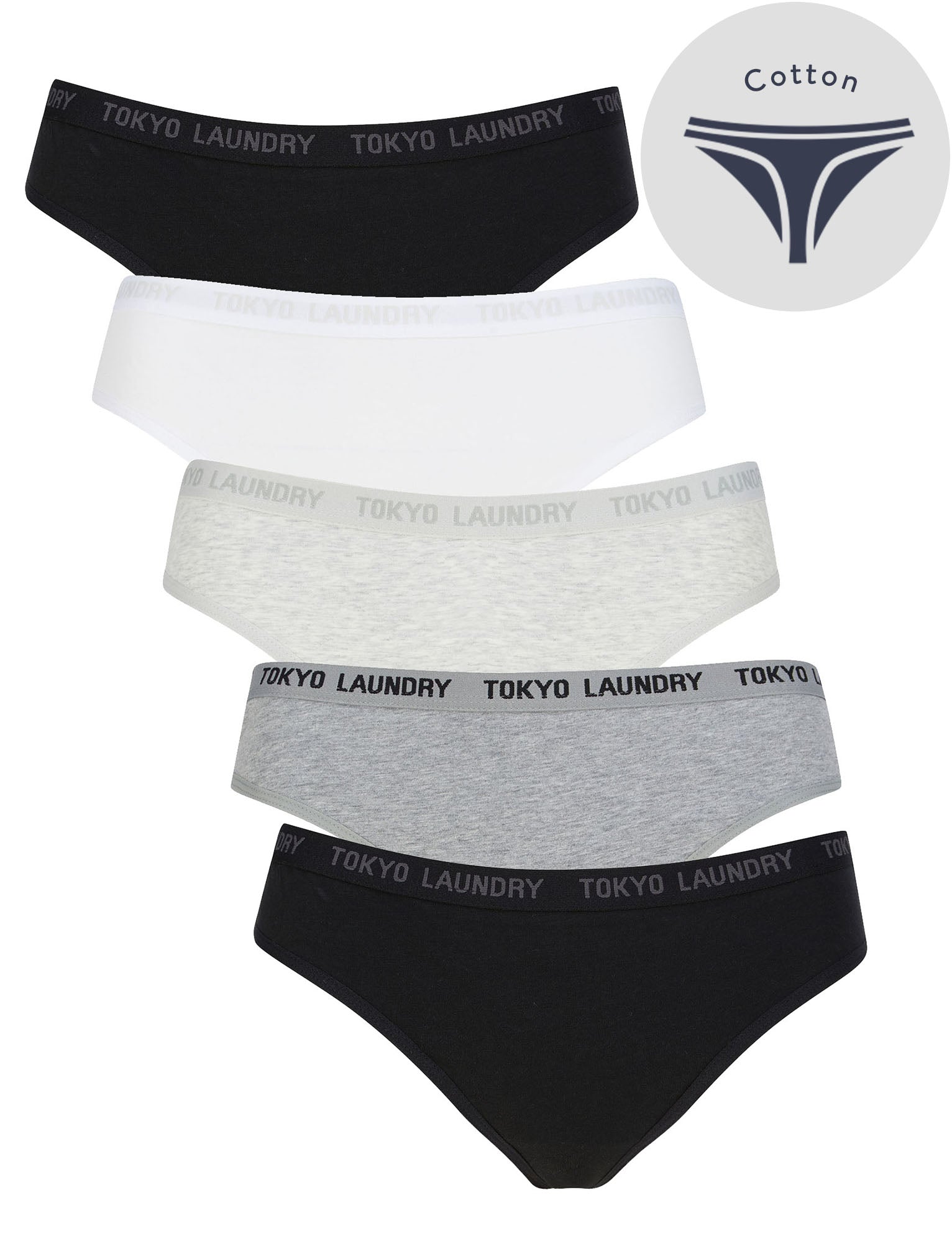 Womens Underwear Bonny (5 Pack) Cotton Assorted Thongs in Black / White / Light Grey Marl / Mid Grey Marl - Tokyo Laundry / L - Tokyo Laundry