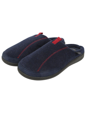 Clayed Fleece Lined Mule Slippers with Stitch Detail in Navy - triatloandratx