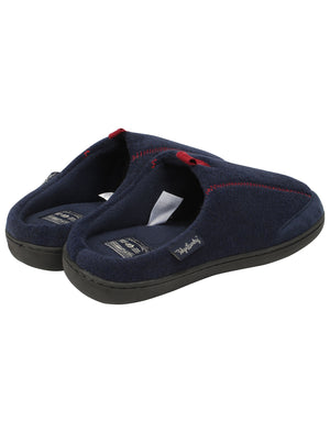 Clayed Fleece Lined Mule Slippers with Stitch Detail in Navy - triatloandratx