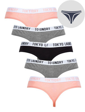 Milla (5 Pack) Cotton Assorted Thongs in Bridal Rose / Mid Grey Marl / Jet Black - triatloandratx