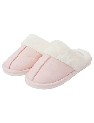 Rio Faux Suede Mule Slippers with Faux Fur Lining & Trim in Light Pink - triatloandratx