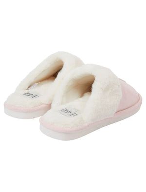 Rio Faux Suede Mule Slippers with Faux Fur Lining & Trim in Light Pink - triatloandratx