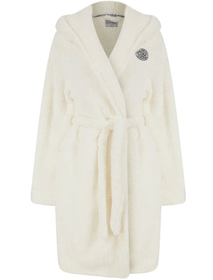 Women's Rosethorns Soft Fleece Tie Robe Dressing Gown with Hood in Ecru - triatloandratx