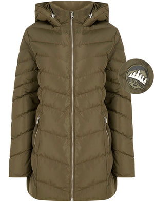 Safflower 2 Longline Quilted Puffer Coat with Hood In Khaki - triatloandratx