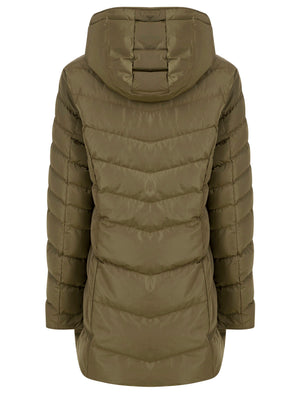 Safflower 2 Longline Quilted Puffer Coat with Hood In Khaki - triatloandratx