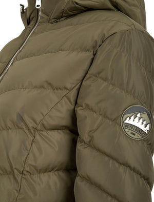 Safflower 2 Longline Quilted Puffer Coat with Hood In Khaki - triatloandratx