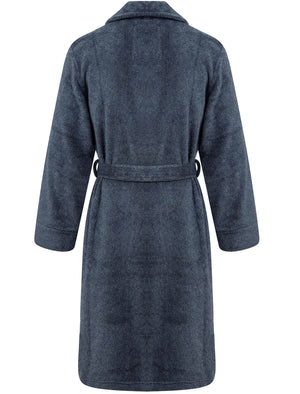 Sandhurst Textured Soft Fleece Dressing Gown with Tie Waist in Navy & Grey - triatloandratx