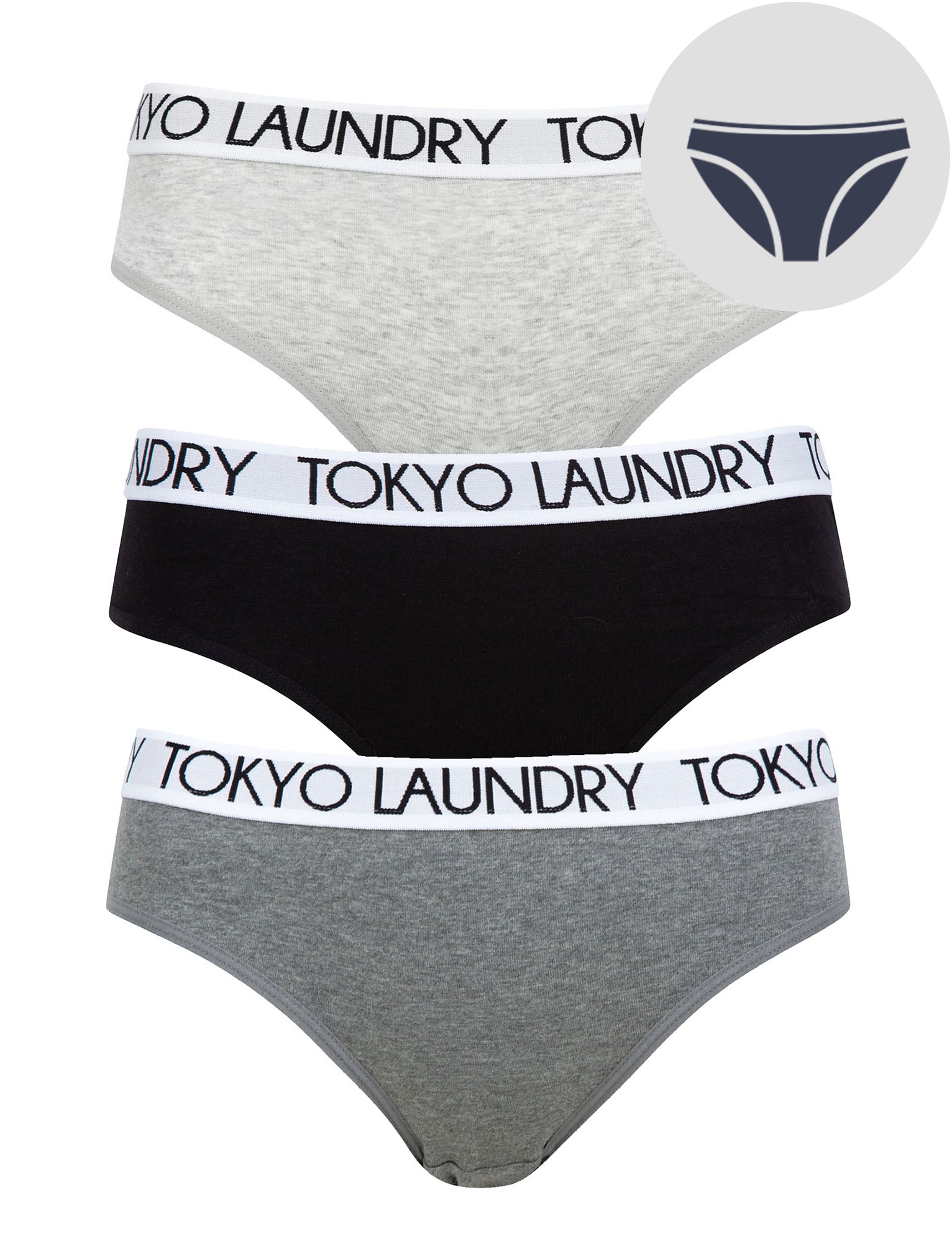 Womens Underwear Stacie (3 Pack) Cotton Assorted Briefs in Light Grey Marl / Jet Black / Mid Grey Marl - Tokyo Laundry / L - Tokyo Laundry