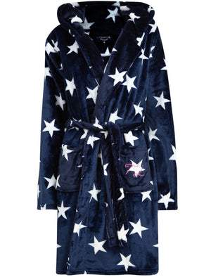 Women's Starry Night Soft Fleece Tie Robe Dressing Gown with Hooded Ears in Navy - triatloandratx