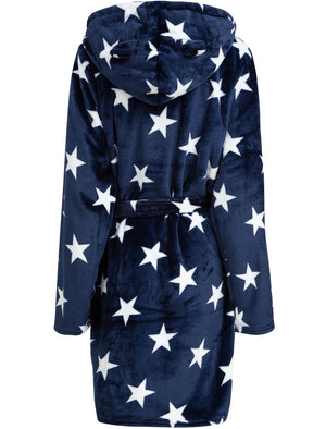Women's Starry Night Soft Fleece Tie Robe Dressing Gown with Hooded Ears in Navy - triatloandratx