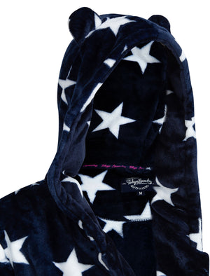 Women's Starry Night Soft Fleece Tie Robe Dressing Gown with Hooded Ears in Navy - triatloandratx