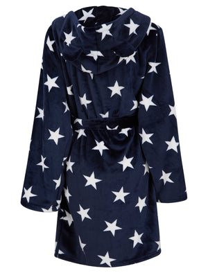 Women's Stars Soft Fleece Tie Robe Dressing Gown with Hooded Ears in Eclipse Blue - triatloandratx