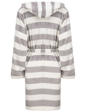 Women's Surry Striped Soft Fleece Tie Robe Dressing Gown with Hood in Grey / White - triatloandratx