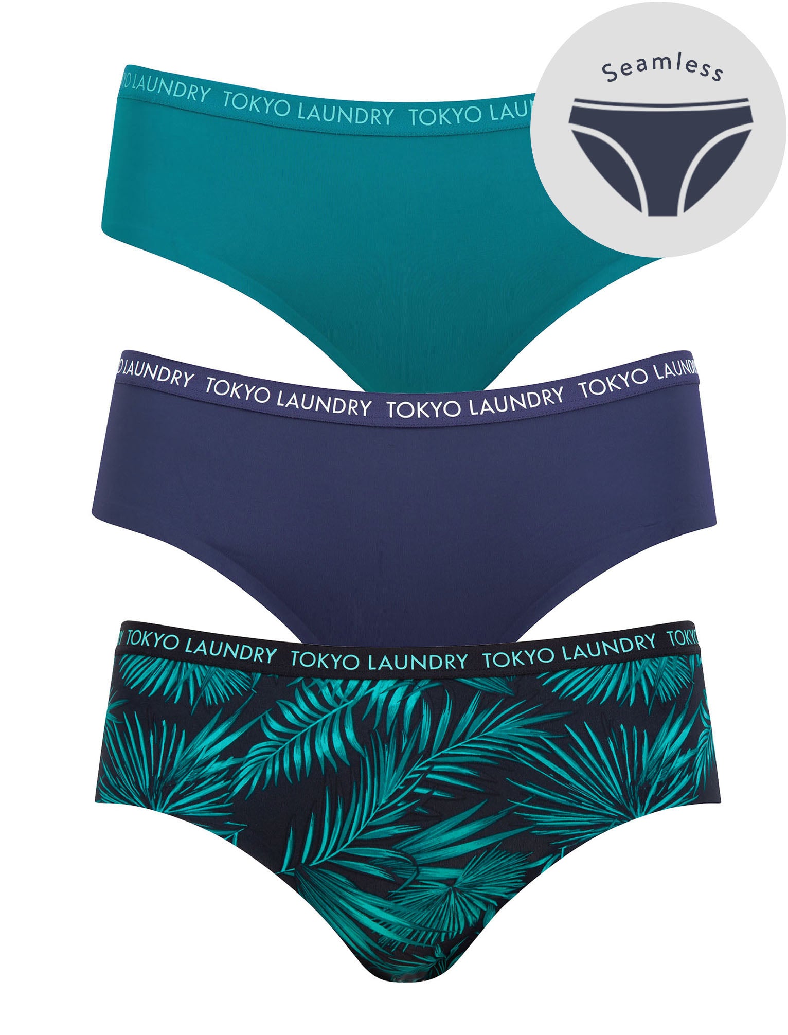 Womens Underwear Zealand (3 Pack) Palm Print No VPL Seam Free Assorted Briefs In Blue Harbour/ Patriot Blue / Dark Navy – Tokyo Laundry / L - Tokyo Laundry