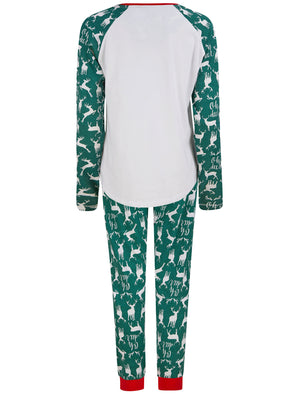 Women's Stag Head Foil Motif 2PC Cotton Lounge Pyjama Set in Green - Merry Christmas