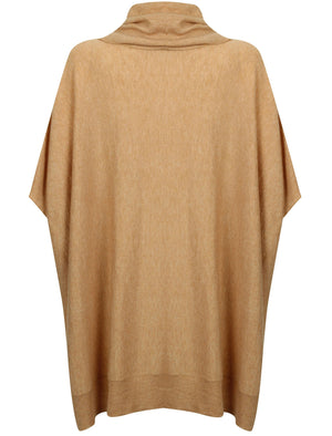 Caro Roll Neck Knitted Poncho with Pockets in Camel Marl - Amara Reya