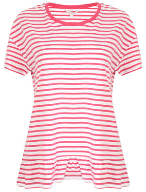 Topaz Striped Frill Hem Cotton T-Shirt In Carmine - Amara Reya