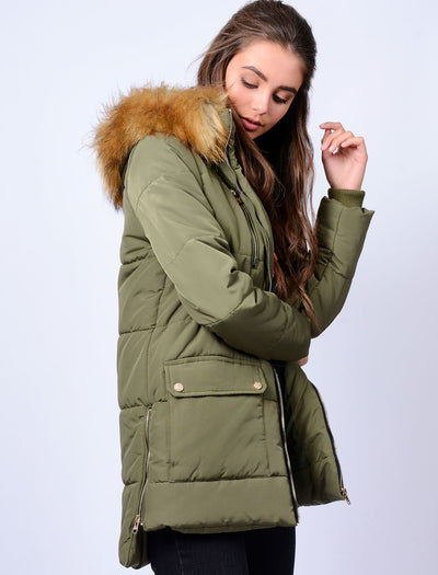 Haakon Colour Block Utility Parka Coat with Faux Fur Lined Hood in