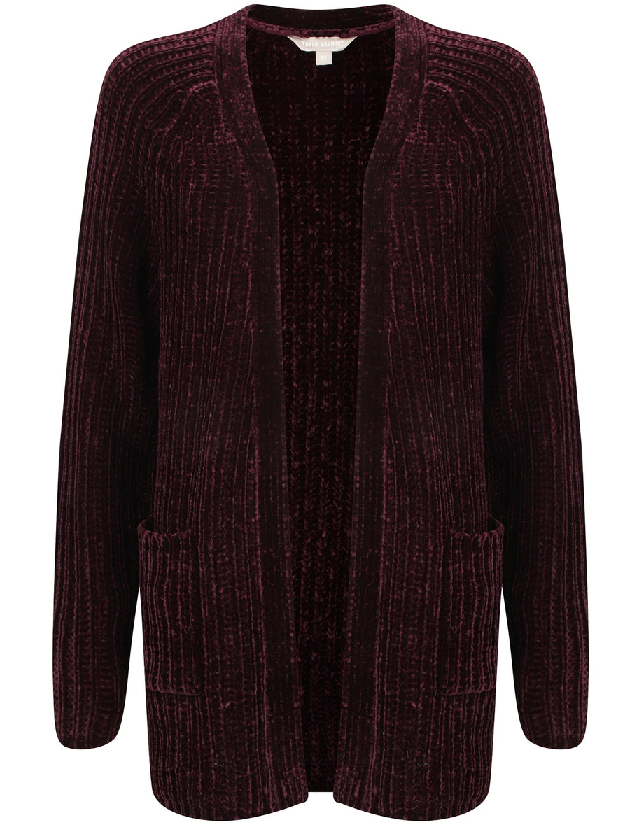Adley Chenille Open Cardigan With Pockets In Burgundy - Tokyo Laundry