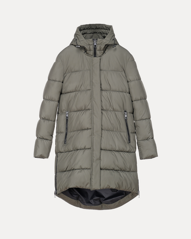 olive green long puffer jacket