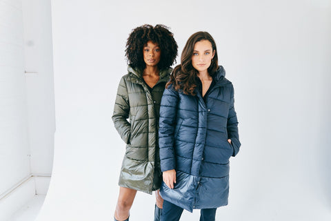 long puffer jackets navy blue and olive