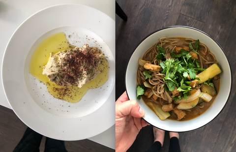 vegan homemade dishes - hummus and noodles