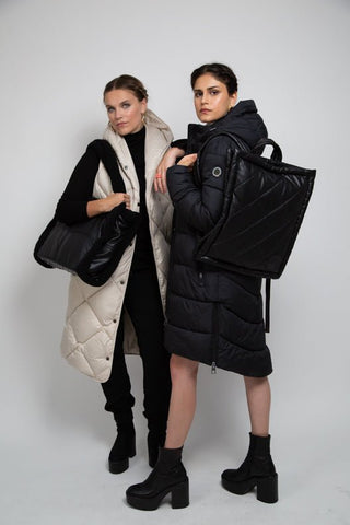 long puffer jackets and puffer bags