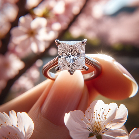 Hand holding kite-shaped diamond ring with flower backdrop