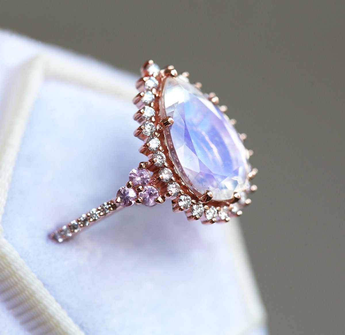HALO PEAR MOONSTONE RING, ROSE GOLD MOONSTONE ENGAGEMENT RING, UNIQUE MOONSTONE RING - with 6ct moonstone