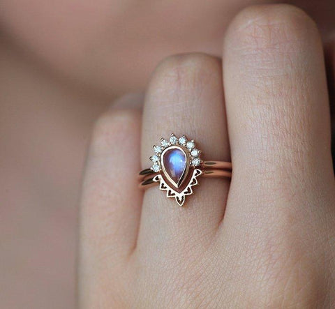 Moonstone and Diamond Engagement Ring Set in Rose Gold